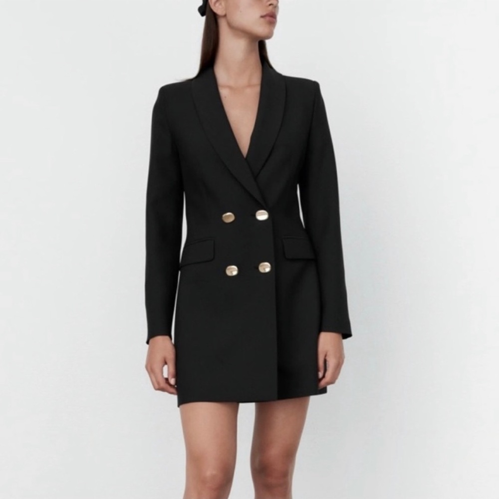 Zara Black Double-Breasted Blazer Dress with Gold Buttons